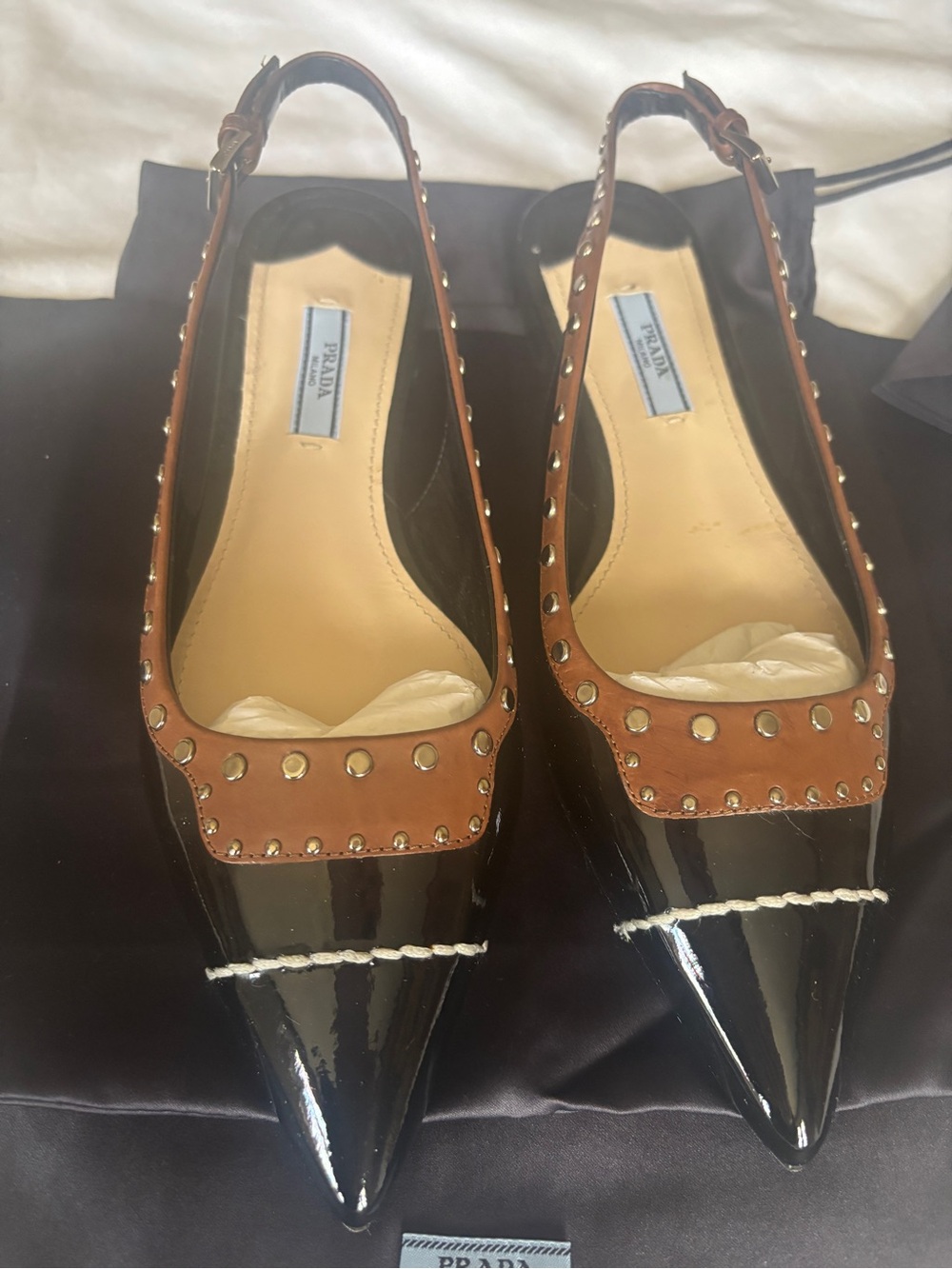 Prada Black Patent Pointed Slingback Flats with Brown Stud Trim (size 38)